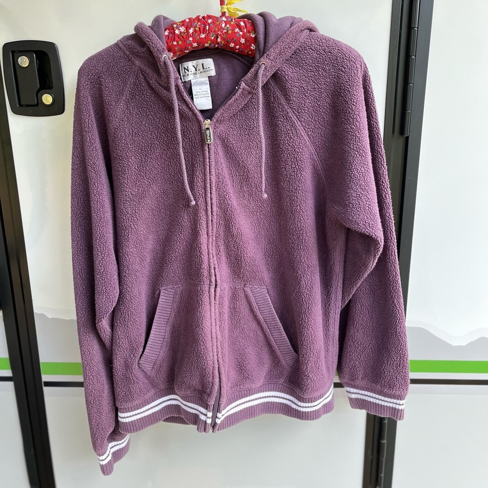 Purple sweatshirt/fleece backed., hooded jacket, by New York Laundry, size large